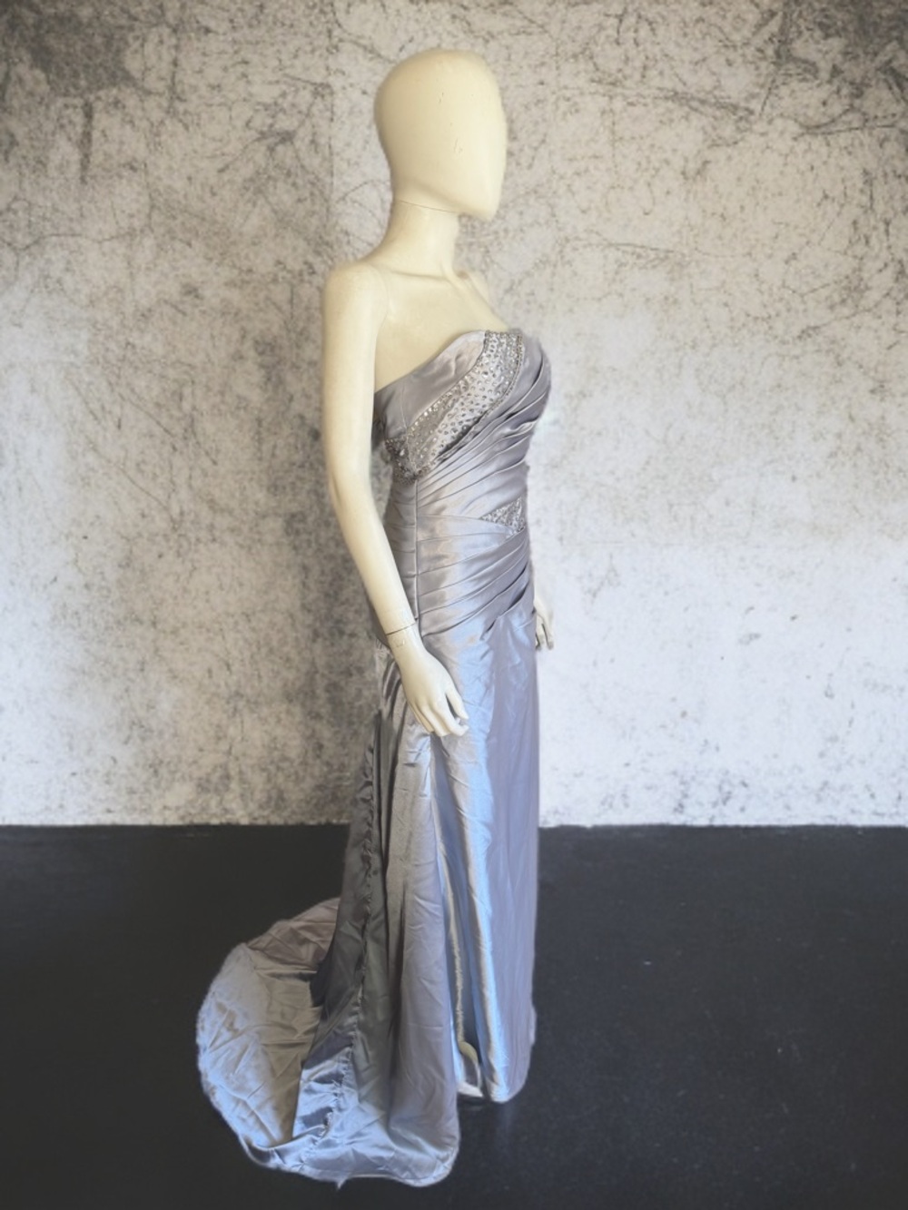 Vintage Silvery Blue Beaded Strapless Evening Gown with Draped Detail